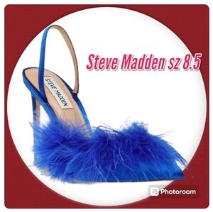 New STEVE MADDEN Woman's Shoes Back Sling SATIN FEATHERS Stiletto Heel Sz 8.5